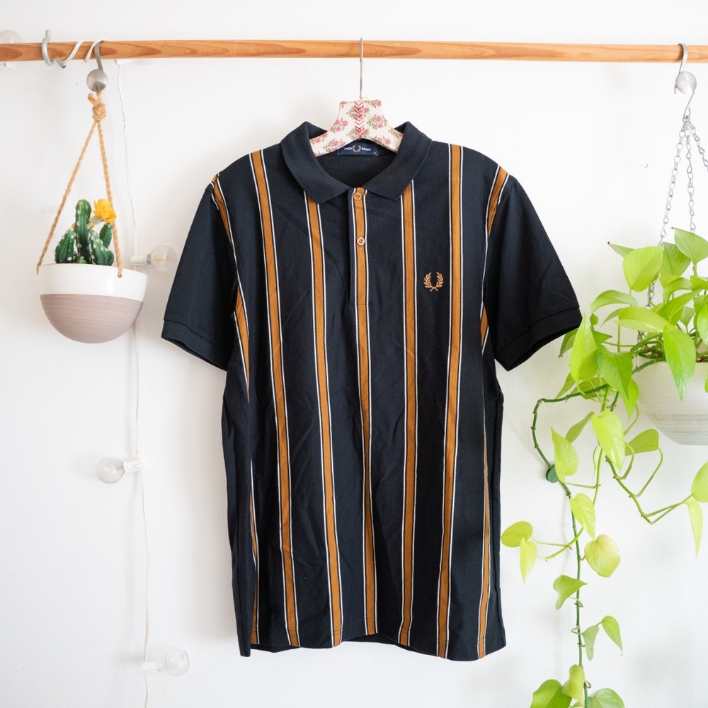 Fred Perry Black Polo with Mustard and White Vertical Stripes